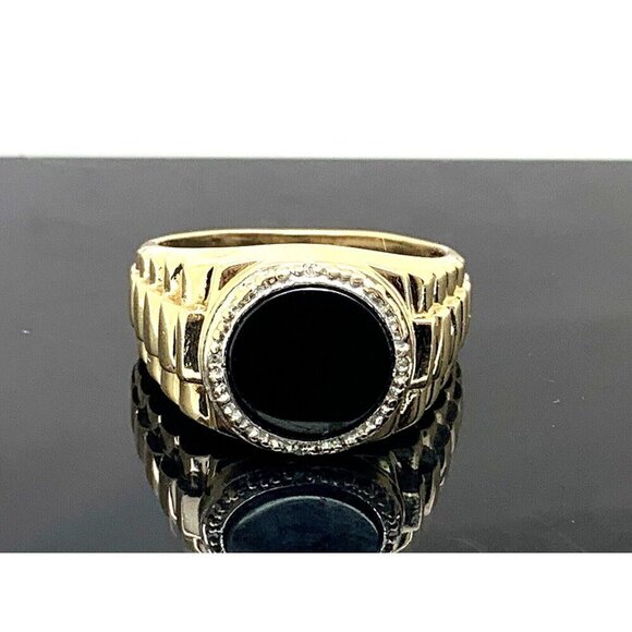 Rolex Style Ring 10k Yellow Gold Diamond Onyx Statement Cocktail Men's S… - Picture 12 of 14